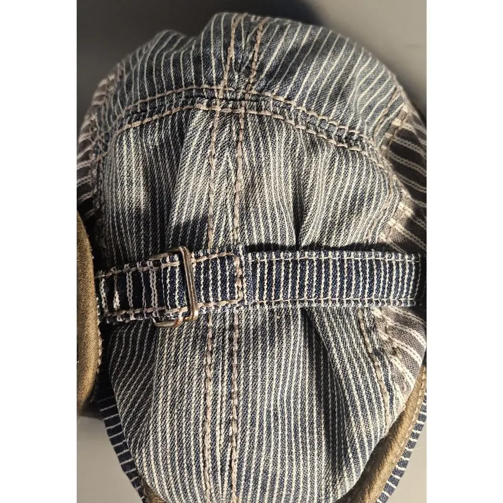 True Religion Fur Trapper Hat Navy Striped with Brown Leather Sz L/XL Adjustable